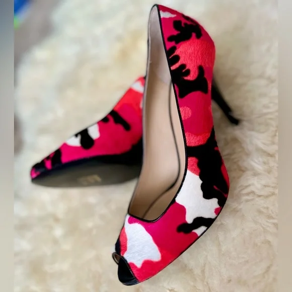 Longchamp Calf Hair Pink Military Barbie Camo Stilettos NEW